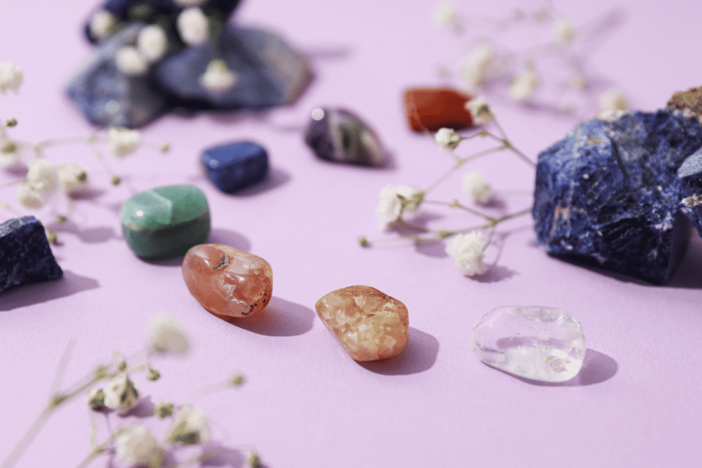 Crystal reiki healing session with chakra stones placed on the body